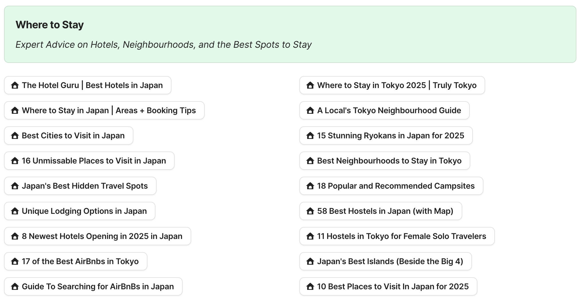 Preview of Where to Stay in Japan section in Japan Travel Research by Feral Travel