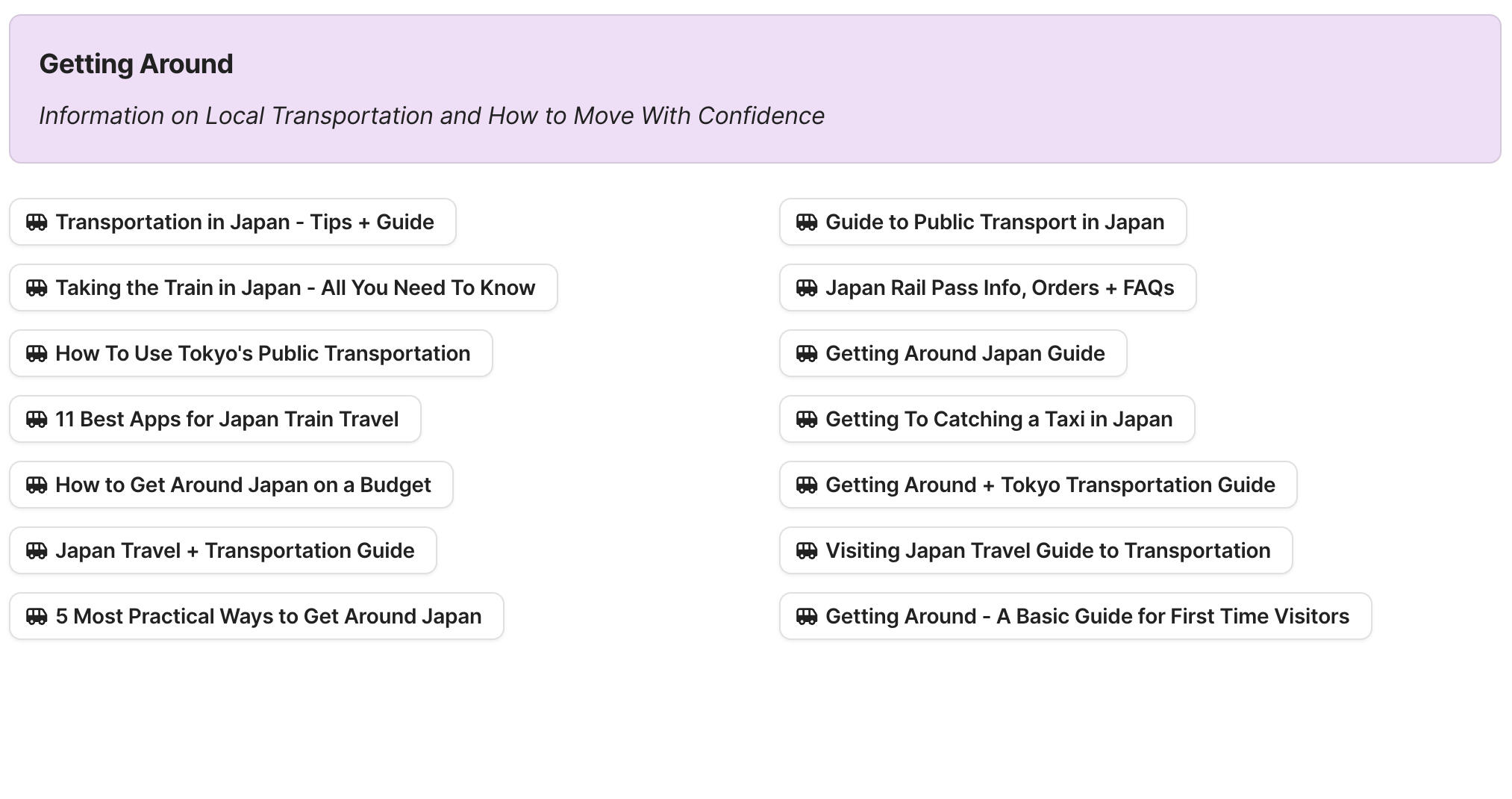 Preview of Getting Around in Japan section in Japan Travel Research by Feral Travel
