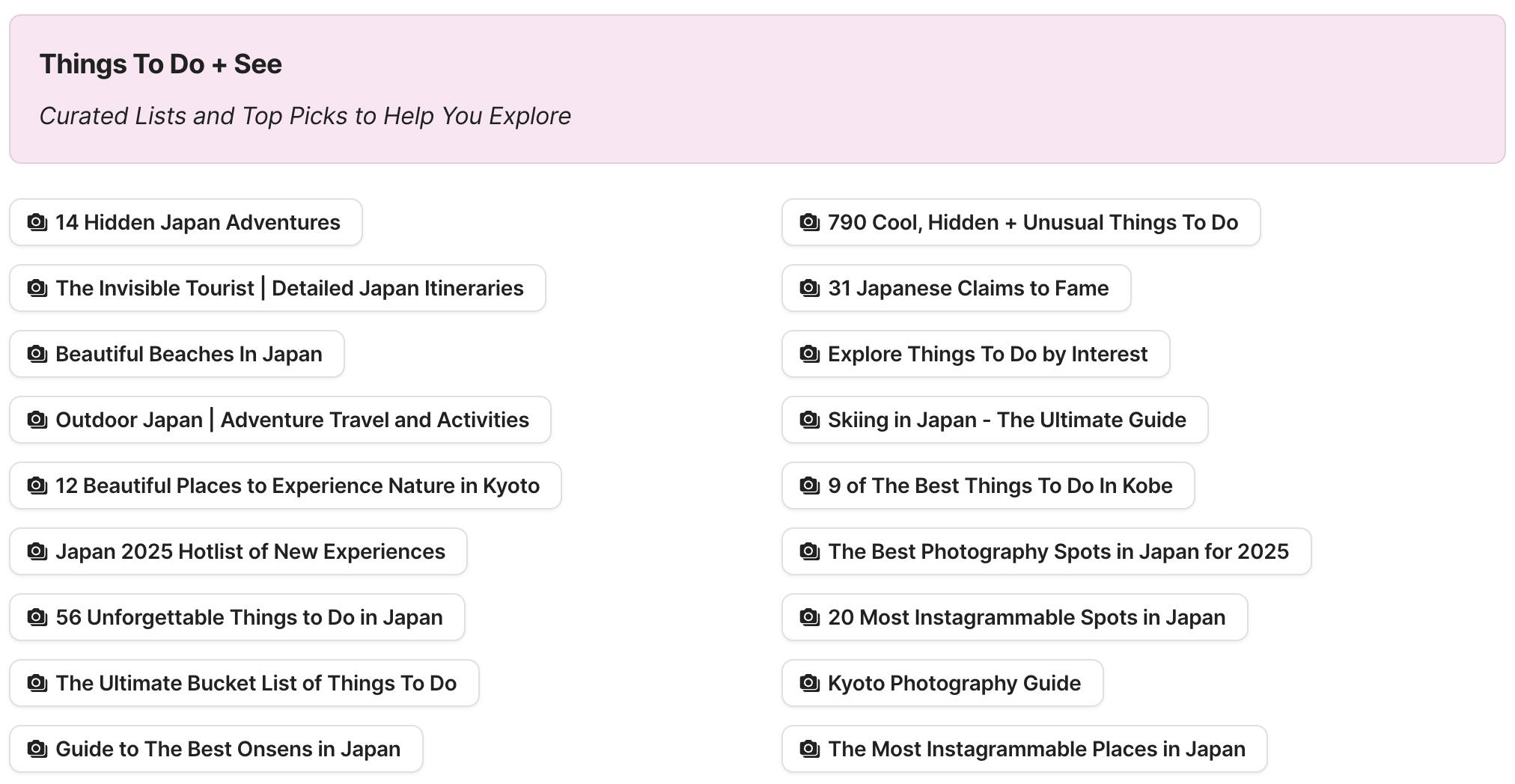 Preview of Things To Do In Japan section in Japan Travel Research by Feral Travel