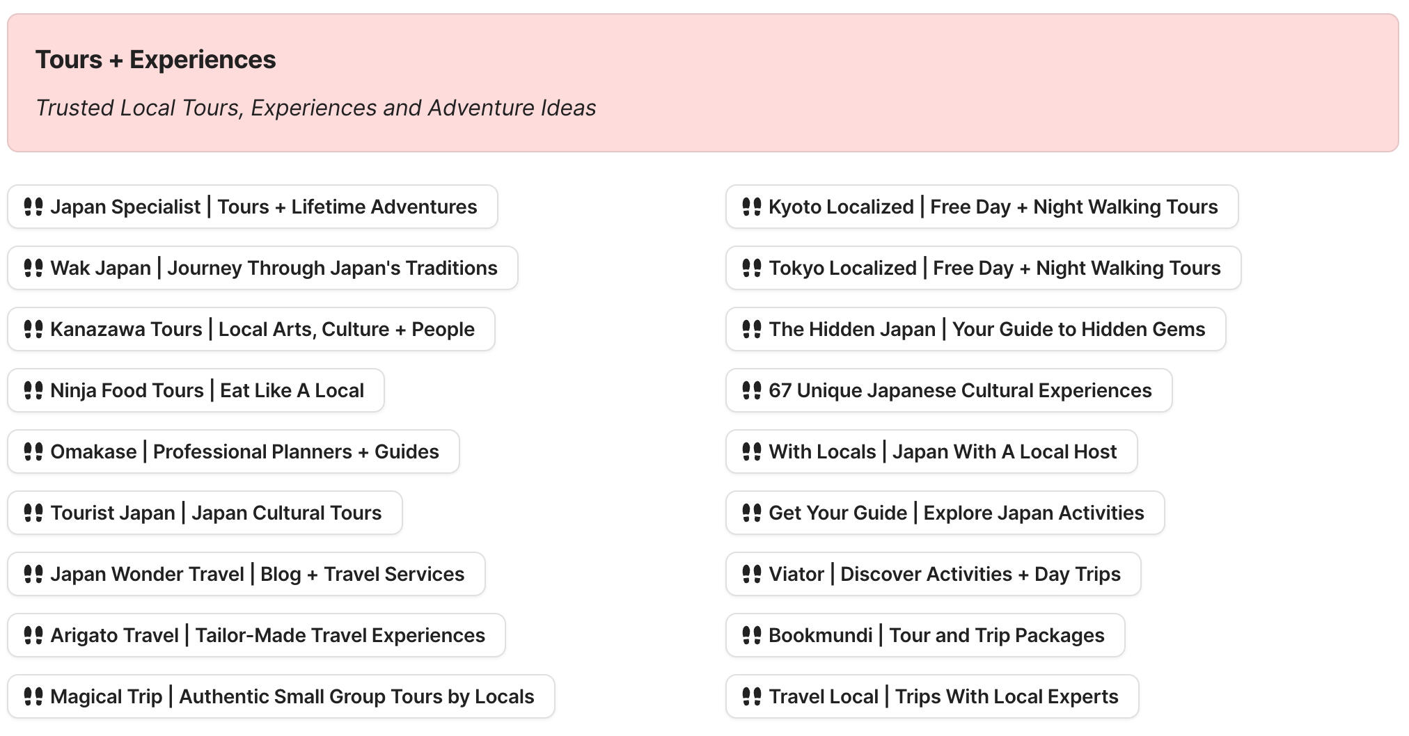 Tours + Experiences in Japan Preview of tours and experiences in Japan section in Japan Travel Research by Feral Travel