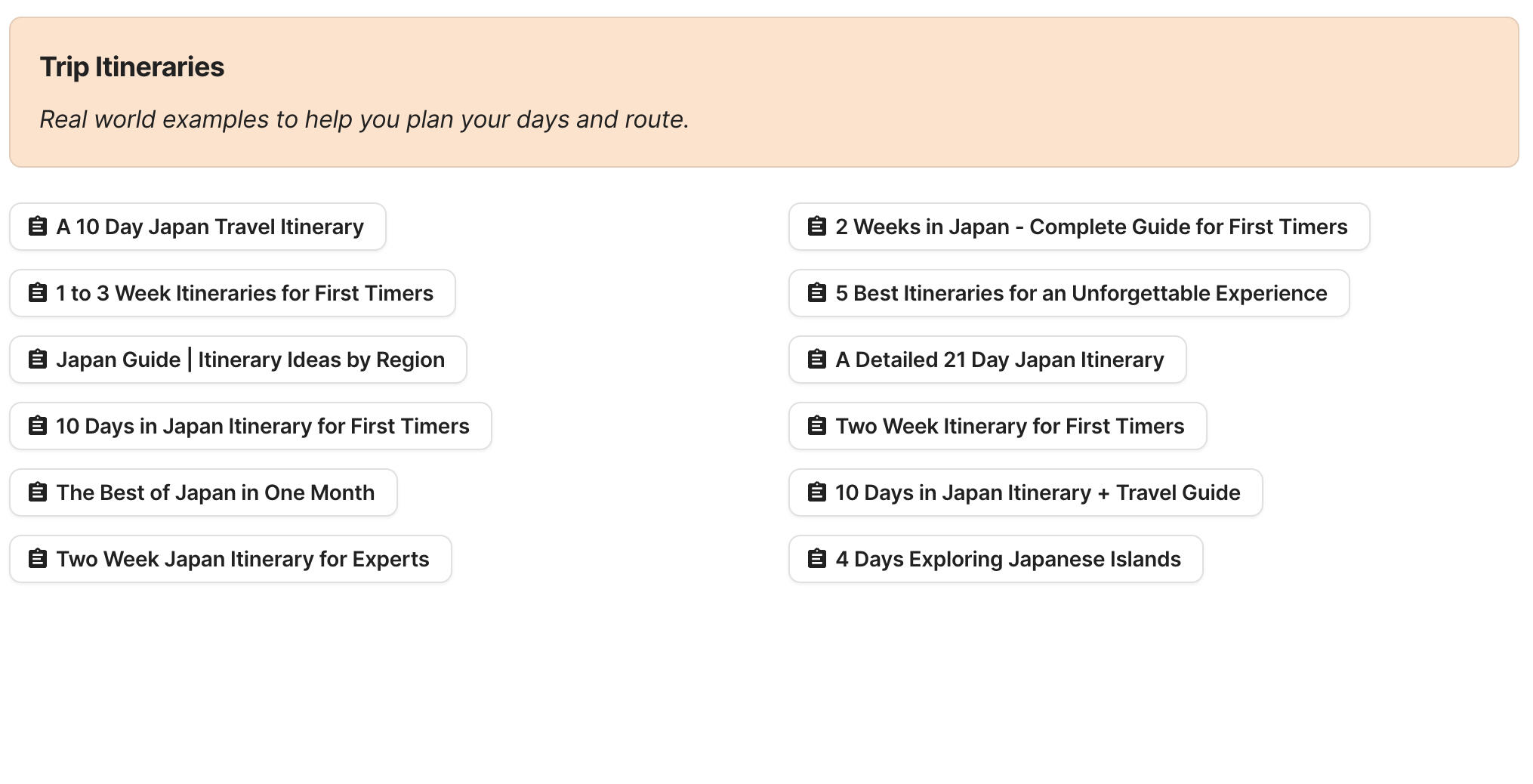 Japan Trip Itineraries Preview of Japan Trip Itineraries section in Japan Travel Research by Feral Travel