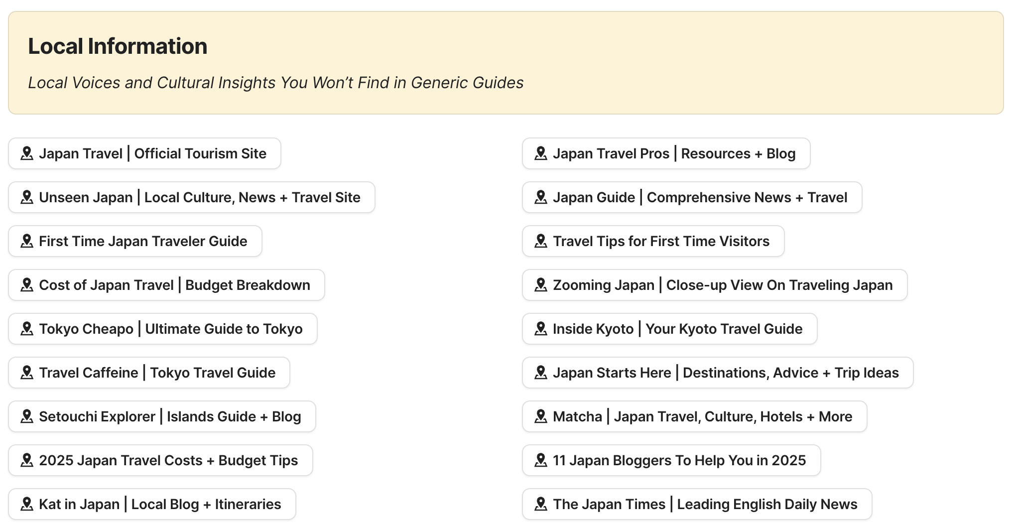 Preview of local information section in Japan Travel Research by Feral Travel