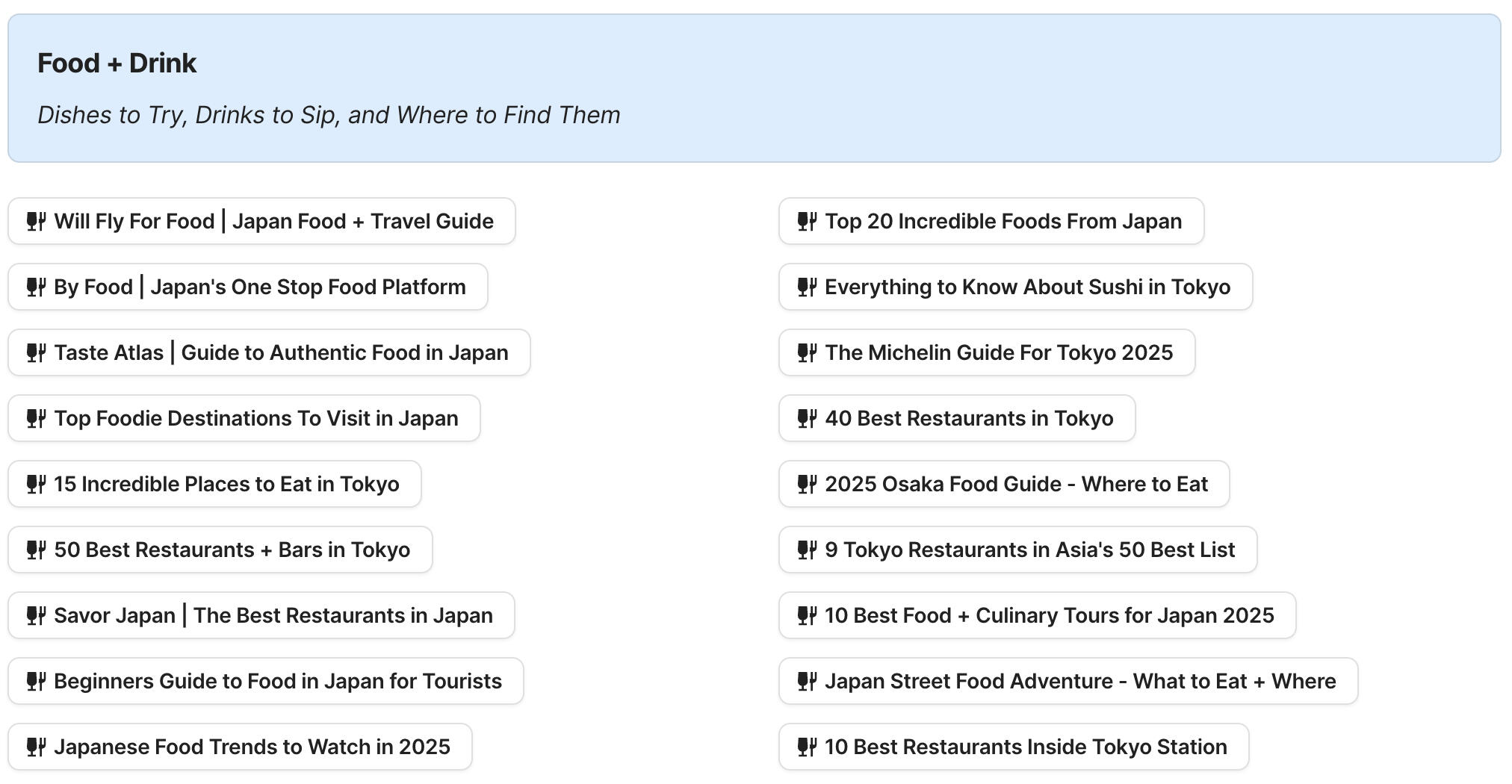 Preview of Food and Drink In Japan section in Japan Travel Research by Feral Travel